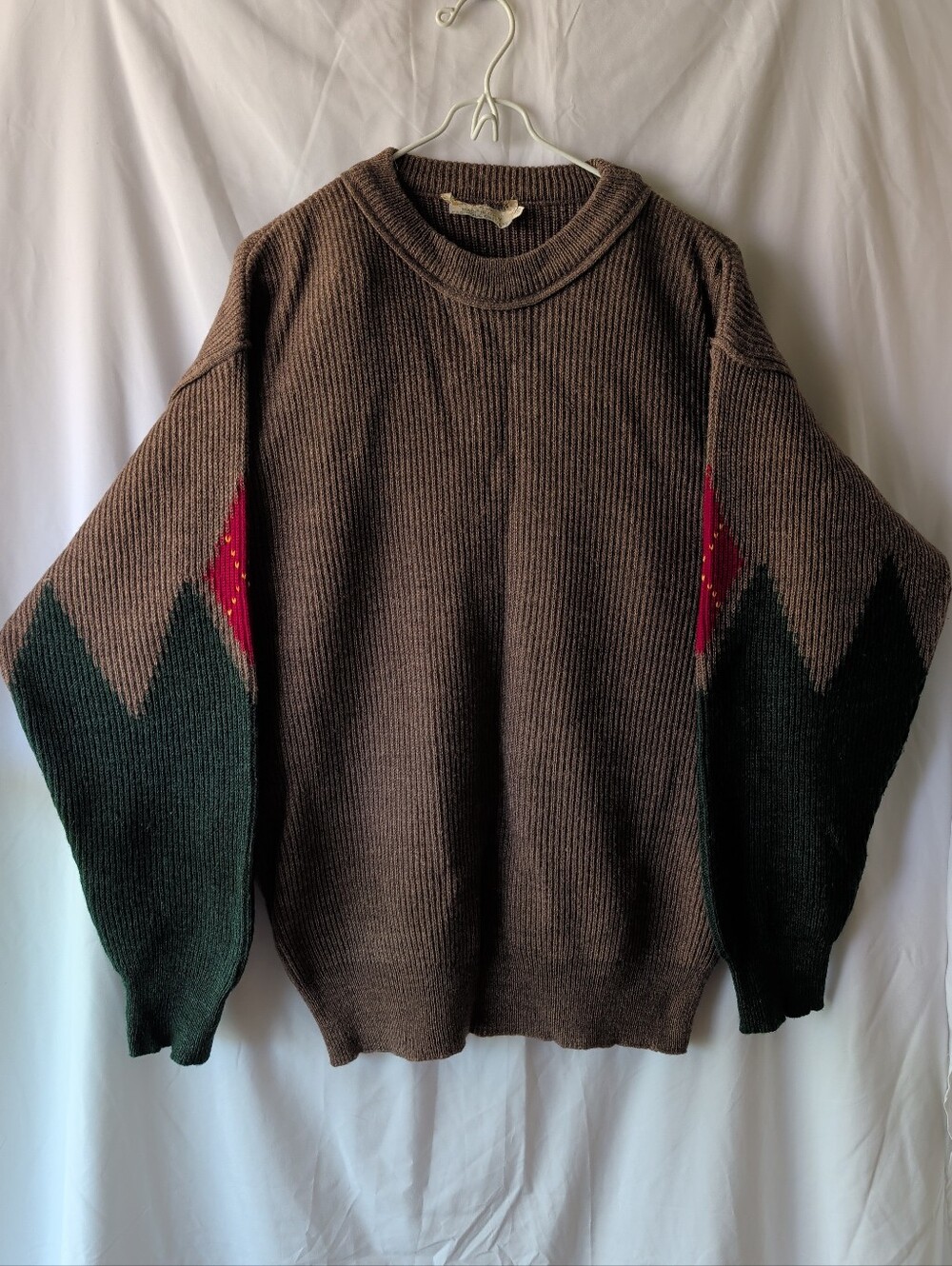 Vintage Knit Brown Red Green Argyle Sweater Sz L Made In Italy Slouchy Ski